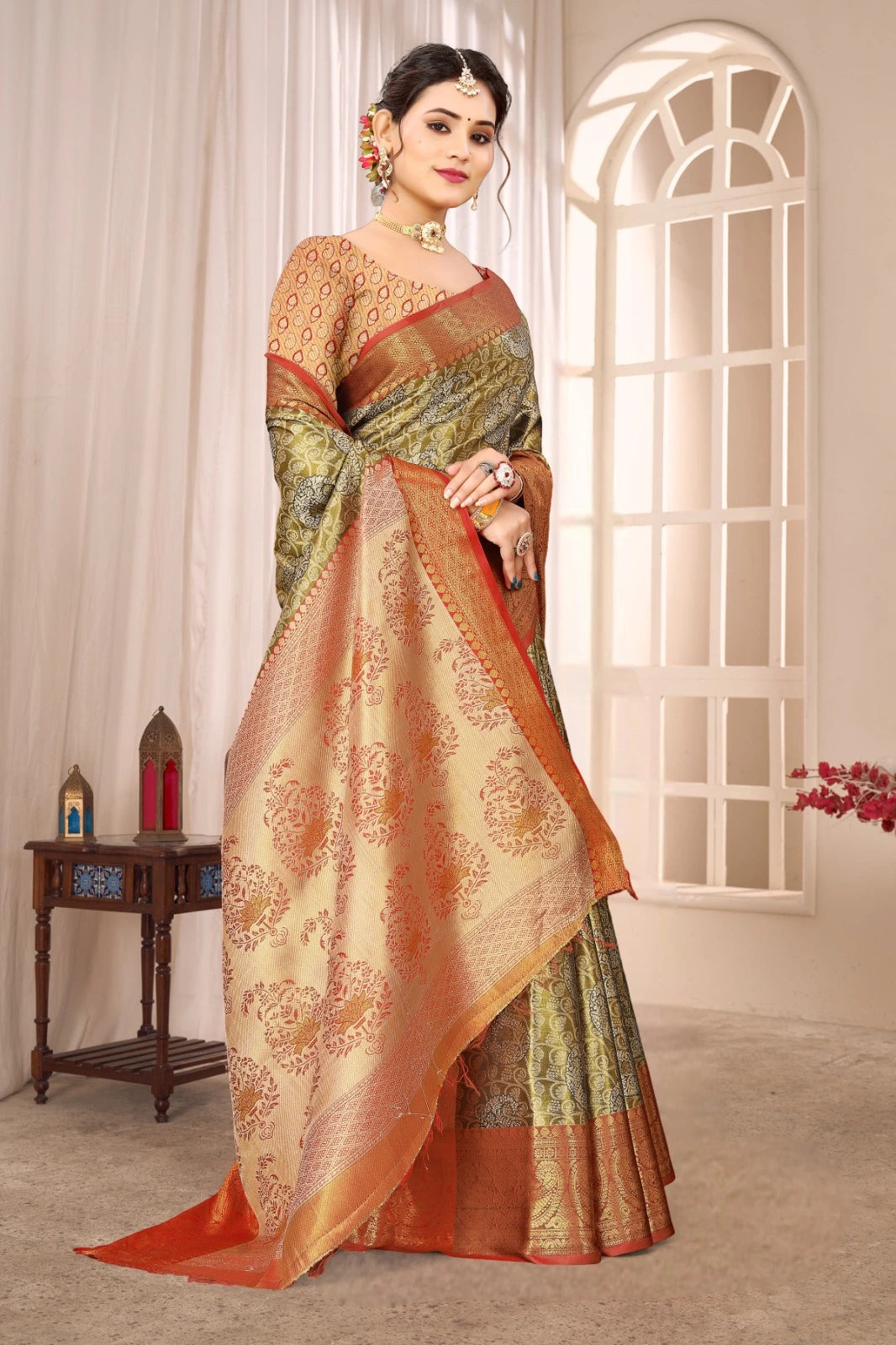 Golden Beige Soft Banarasi Silk Saree Kalyanja Fashion